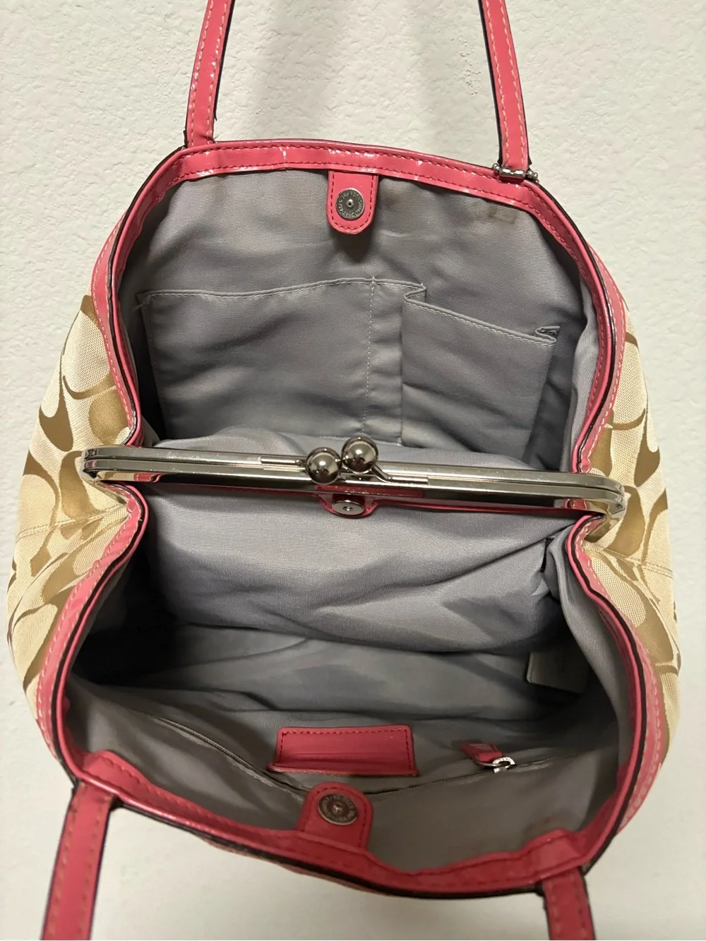 Coach Beige Signature Tote with Pink Trim - Picture 3 of 10